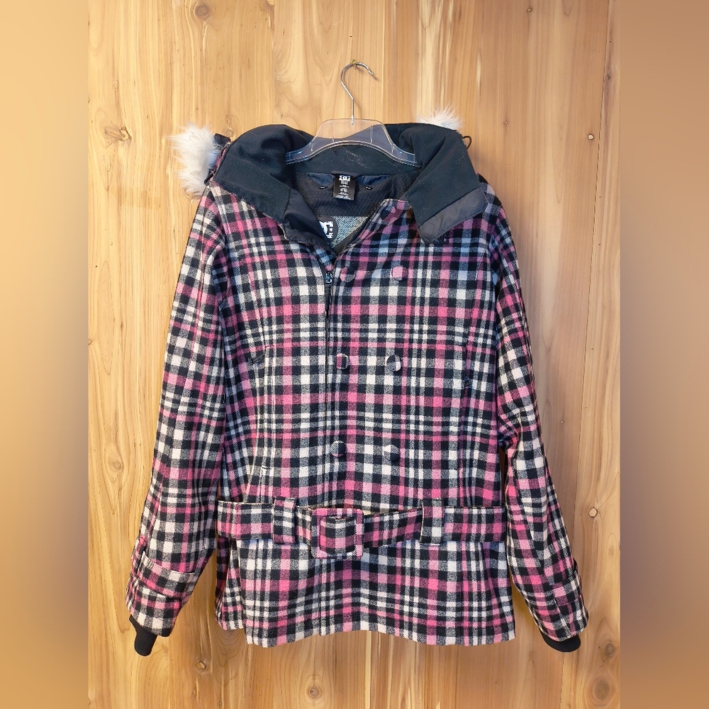 Women's DC Pink Plaid Coat With Hood, Size Small